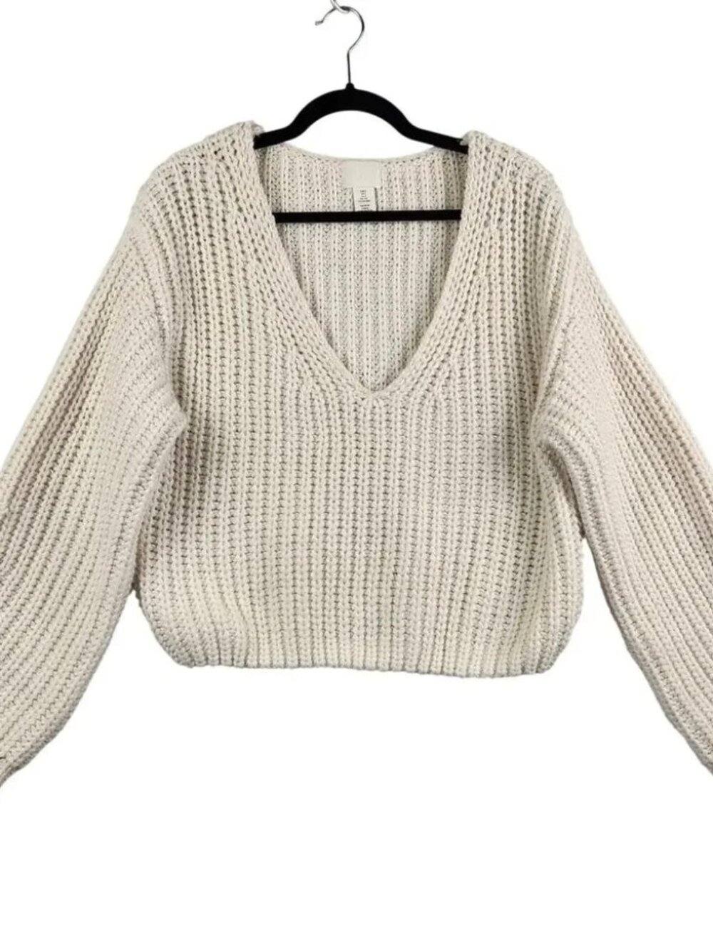 H&M Womens Chunky Knit V-Neck Cropped Pullover Sweater WMS SZ S Cream Wool Blend